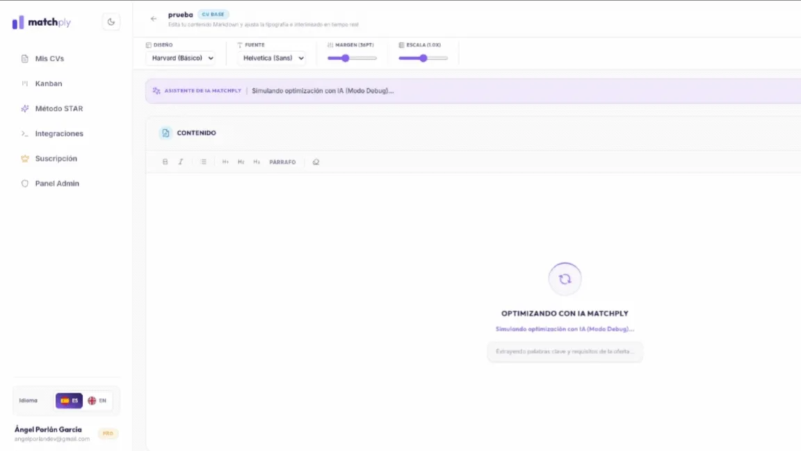 Optimización de CV en tiempo real con IA en Matchply