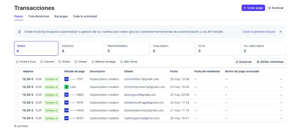 Transacciones reales gestionadas con Stripe en Matchply